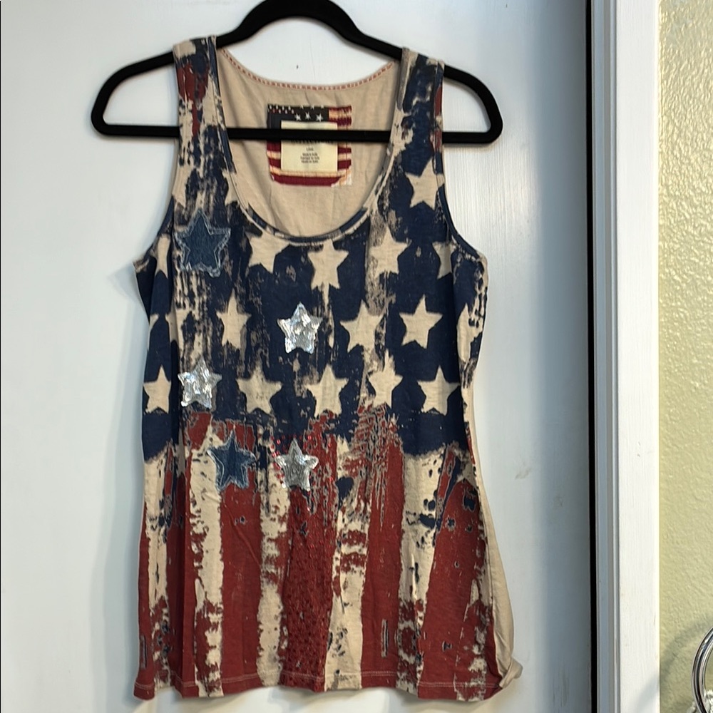 Natural Reflections Blue and Tan Sequin Graphic Tank Top